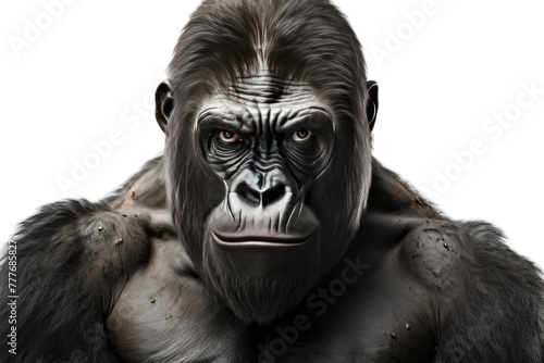 Magnificent Gorilla With Enormous Face and Luxuriant Mane. White or PNG Transparent Background.