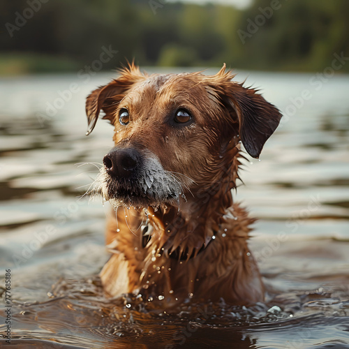 Dog bathing in the lake.