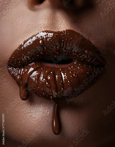 Close-up of lips with drops of liquid chocolate falling