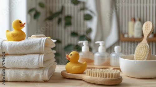 eco-friendly baby bath products, including a bamboo bath brush and organic cotton towels, with rubber ducks and bath toys for a fun bath time