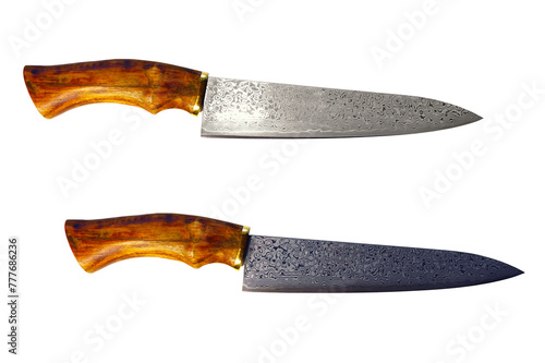 Damascus steel multi-layer knife forged by hand, acid etching with wooden handle (knife used by chefs) - on isolated transparent background.