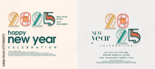 Two Sets of Happy New Year 2025. Celebration vector design with unique and beautiful line numbers. Design with meaning for calendars, cards and social media posts. photo