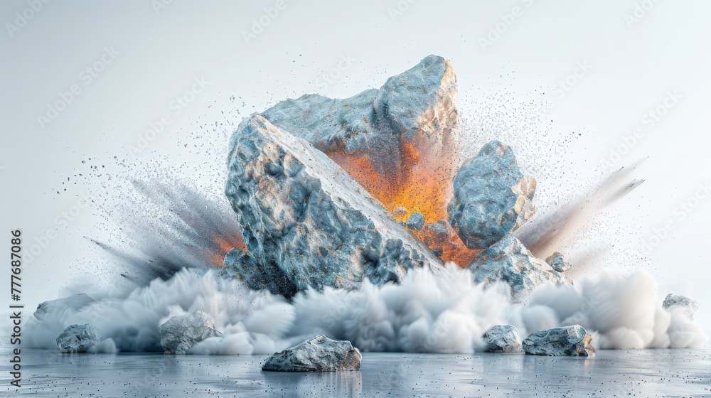 Massive rocks crashing into the ground with dynamic dust clouds against a stark white backdrop. - obrazy, fototapety, plakaty 