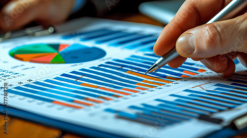 A hand analyzing financial charts and graphs with a pen for business insights.