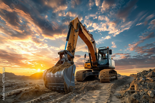 Excavator on Sandy Construction Site at Sunrise. An excavator stands ready on a sandy site with a beautiful sunrise illuminating the clouds above. photo