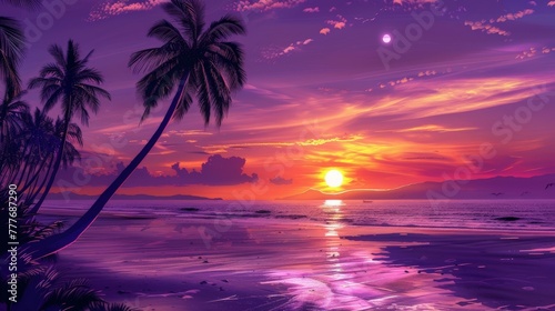 Sunset on Beach With Palm Trees © BrandwayArt