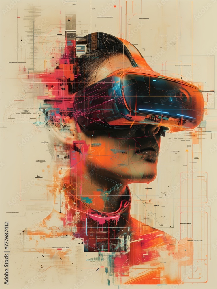 Digital Cyberpunk Portrait with VR Headset Amidst Abstract Technological Circuitry on Orange and Blue Background. Virtual Reality Concept Design for Posters.