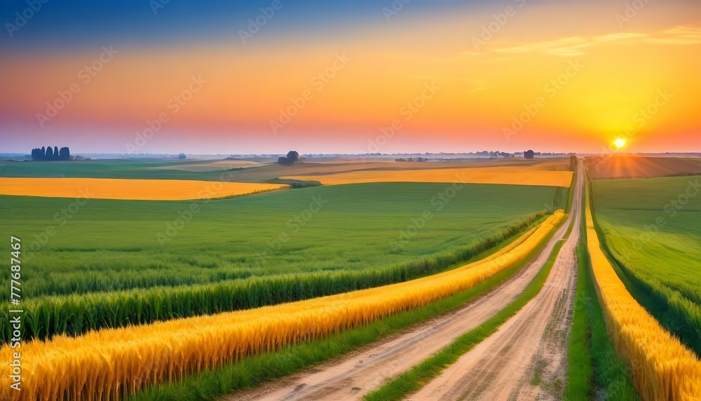 Country road and wheat fields at sunrise 