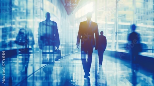 Silhouettes of business people in motion blur in corporate environment. Modern office life and busy workday concept.