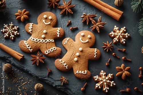 Festive Holiday Scene with Decorated Gingerbread Cookies and Christmas Decorations.