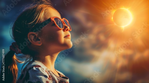 Child using eclipse glasses to view solar event. Sunset sky with eclipse silhouette. Educational astronomy concept photo