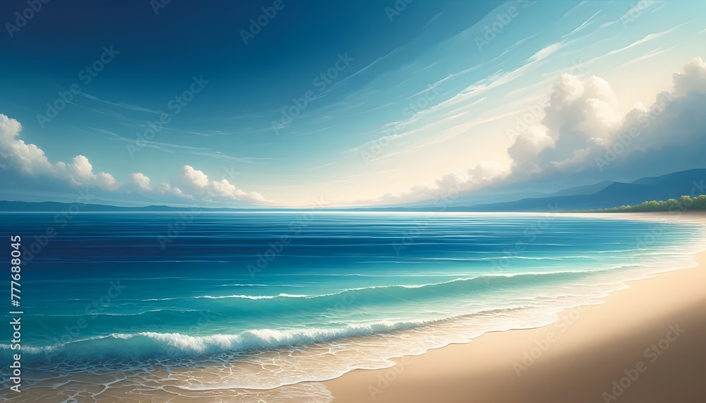Serene Seascape, Focusing On Shades Of Deep Blue, Turquoise, And Soft Sandy Beige To Evoke A Sense Of Calm And Relaxation