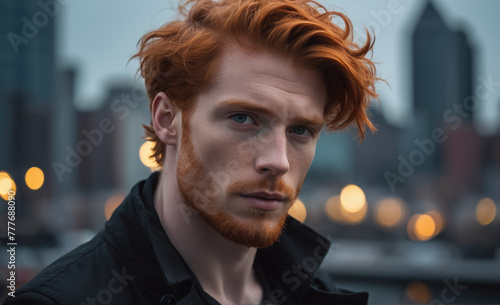 Portrait of a beautiful male red-haired model, a ginger model with a face of beauty and red hair, noir, contrast, color paint, multiple colors, city at background , detailed