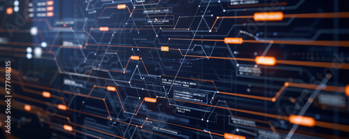 Sophisticated digital infrastructure with interconnected lines and nodes on a dark background. Conceptual image of network architecture and data analysis for design and print