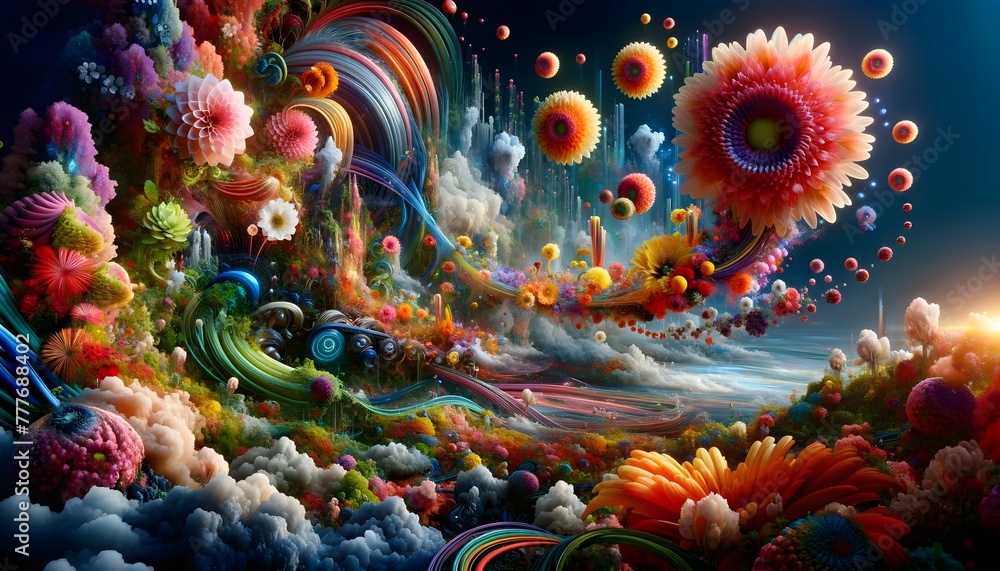 Surreal landscape or fantastical scene where vibrant flowers intertwine with futuristic elements or abstract forms.
