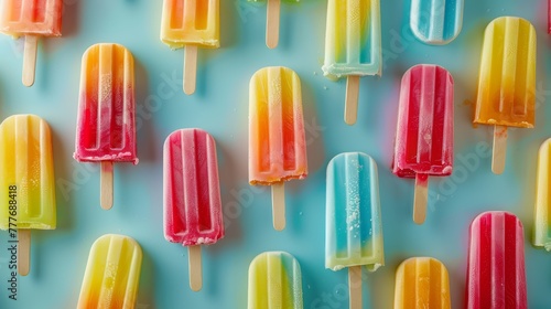 Assorted colorful popsicles on a blue background.