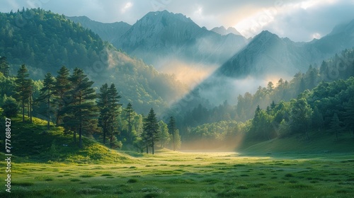 A Serene Morning in the Misty Mountain Forest.