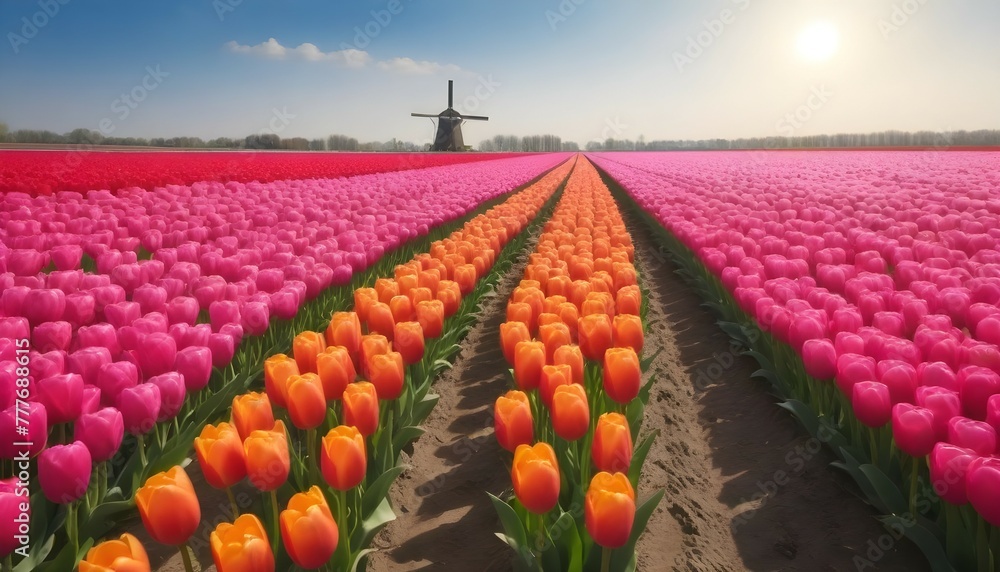 Landscape of Netherlands tulips with sunlight in Netherlands.