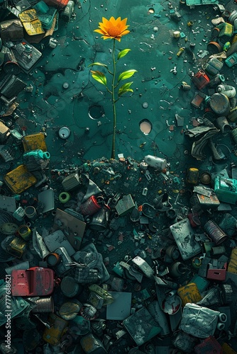 Trash sapling  Imagine a small sapling growing amidst piles of discarded trash, struggling to survive © Sataporn