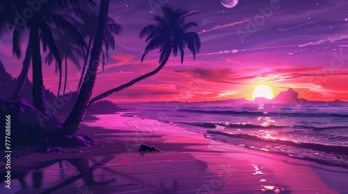 Sunset Painting of Beach With Palm Trees