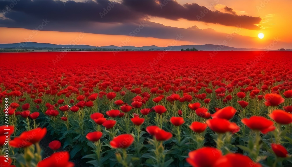 Red flower field at sunset