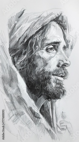 A sketch of Jesus looking at Jerusalem with compassion and sadness. A pencil shading sketch with expression of Jesus Christ expressing emotion and sadness.