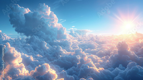 Blue sky with clouds. Anime style background with shining sun and white fluffy clouds. Sunny day sky scene cartoon vector illustration. Heavens with bright weather, summer season outdoor.