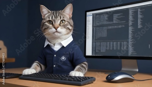Cat programmer sitting at a computer with 3 screens displaying programming code, wearing youthful clothes, gray tabby cat with white paws and white nose, wearing a navy blue shirt, with a cunning look