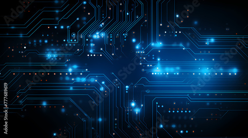 Abstract neon blue tech circuit board lines sci-fi banner design. futuristic computer chip background