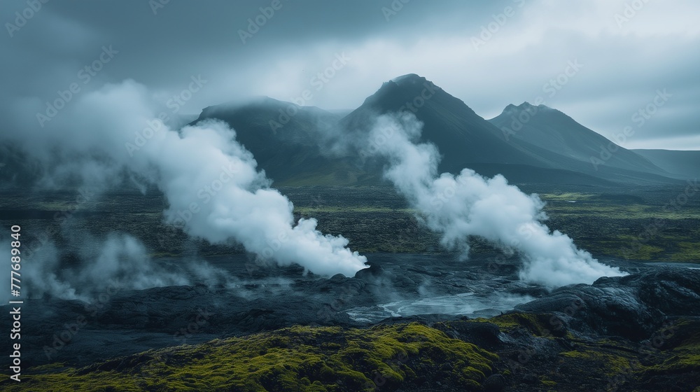 Volcanic hills with steam vents, eerie dawn light, front view, moody, dark tones, sharp focus on steam.