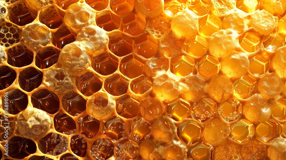Golden Honeycomb with honey close up. Natural pattern. Texture. Concept of apiculture, natural design, beekeeping, honey production, bee craft. Abstract background. Copy space. Banner