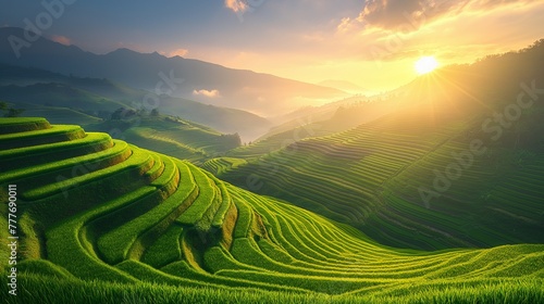 Terraced rice fields on hills, sunrise, layers of green, high angle, clear morning light, vibrant life.