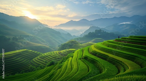 Terraced rice fields on hills, sunrise, layers of green, high angle, clear morning light, vibrant life.