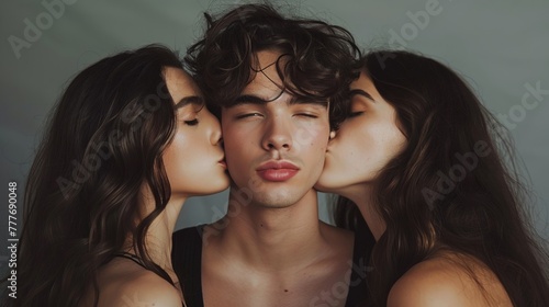 Two brunette women kissing brunette man on the cheeks. Concept of love, affection, romantic relationships, love triangle, intimate moments, and emotional intimacy.