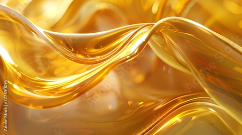 Fluid golden waves mimicking honey. Abstract molten gold backdrop with reflective curves. Concept of rich natural essences, flowing sweetness, and elegant background design. Banner. Copy space