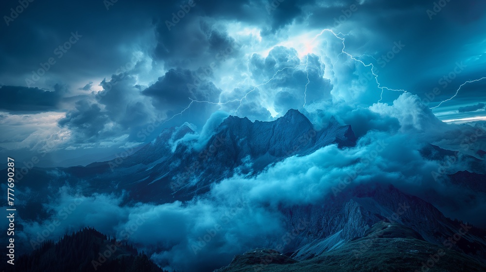Stormy mountain peaks, dark clouds, lightning in distance, dramatic mood, high contrast, wide shot.