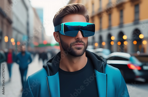 A men with virtual glasses playing or watching something at the street