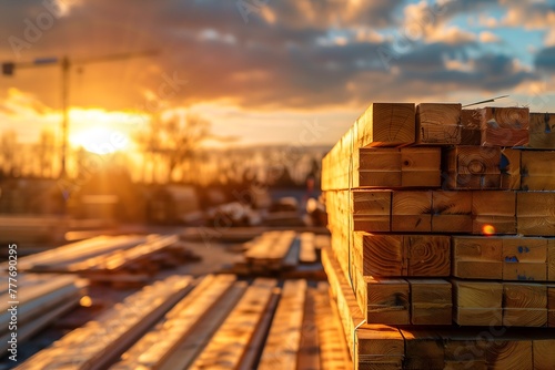 lumberyard with stacks of timber planks during golden hour photo