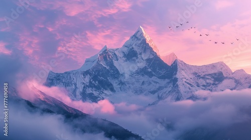 Snow-capped mountains at dusk, soft pink sky, birds flying over, low angle, serene mood, clear focus.