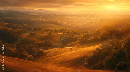 Rolling hills in autumn  golden hour lighting  top-down view  warm tones  crisp detail  peaceful ambiance.