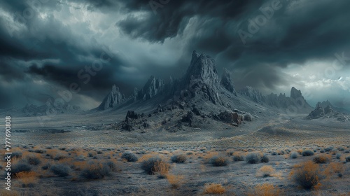 Rocky outcrops on barren hills, stormy sky, dramatic lighting, high contrast, dark and brooding atmosphere. photo