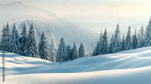 Pine forests on snow hills  late afternoon light  wide view  cool whites and greens  tranquil  pristine.