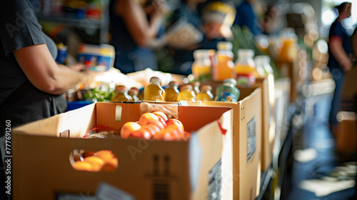 Donation boxes with sorted groceries at food bank with volunteers in background