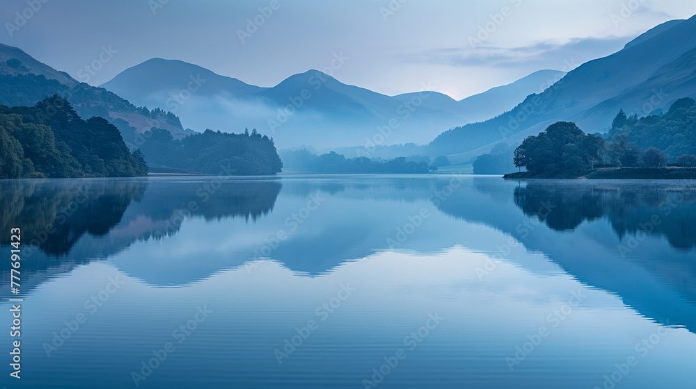 Mountain lake at dawn, hills reflected in water, calm and serene, wide angle, cool blues, mirror-like clarity.