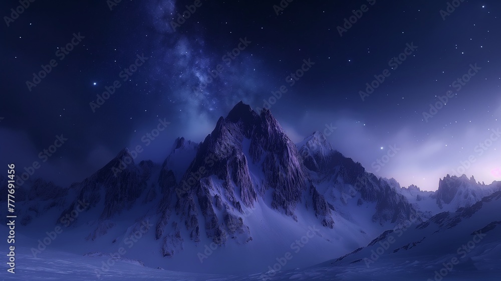 Midnight mountain under starry sky, silhouette of peaks, wide angle, cold tones, crystal clear stars. Midnight mountain under starry sky, silhouette of peaks, wide angle, cold tones, crystal clear stars.