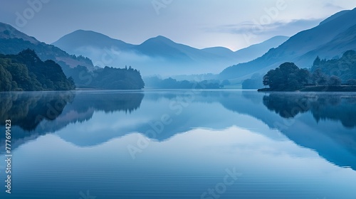 Mountain lake at dawn, hills reflected in water, calm and serene, wide angle, cool blues, mirror-like clarity.