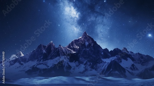 Midnight mountain under starry sky, silhouette of peaks, wide angle, cold tones, crystal clear stars.