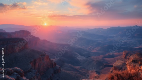 Canyon hills at sunrise, layers visible, wide lens, deep reds and oranges, high definition, majestic.