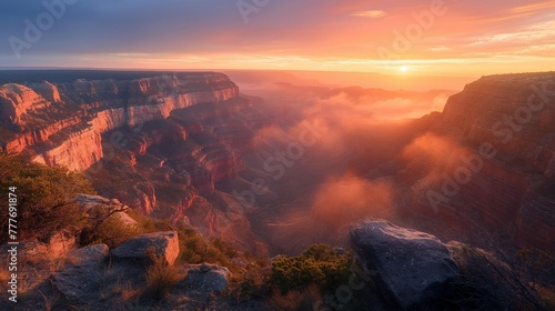 Canyon hills at sunrise, layers visible, wide lens, deep reds and oranges, high definition, majestic. © Noppakun