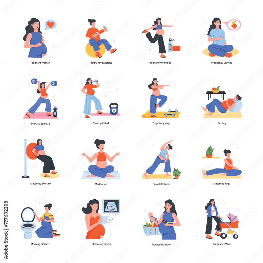 Modern Collection of 16 Pregnant Women Flat Icons 


